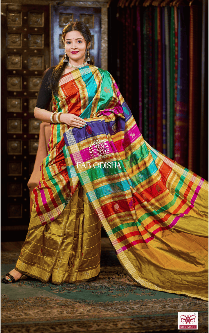 RANG DE MEHENDI CHECKERED BERHAMPURI DOUBLE AANCHAL PURE SILK PATTA SAREE