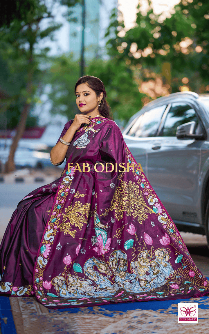 HANSA WINE-VIOLET COLOUR PATTACHITRA SILK HANDLOOM SAREE
