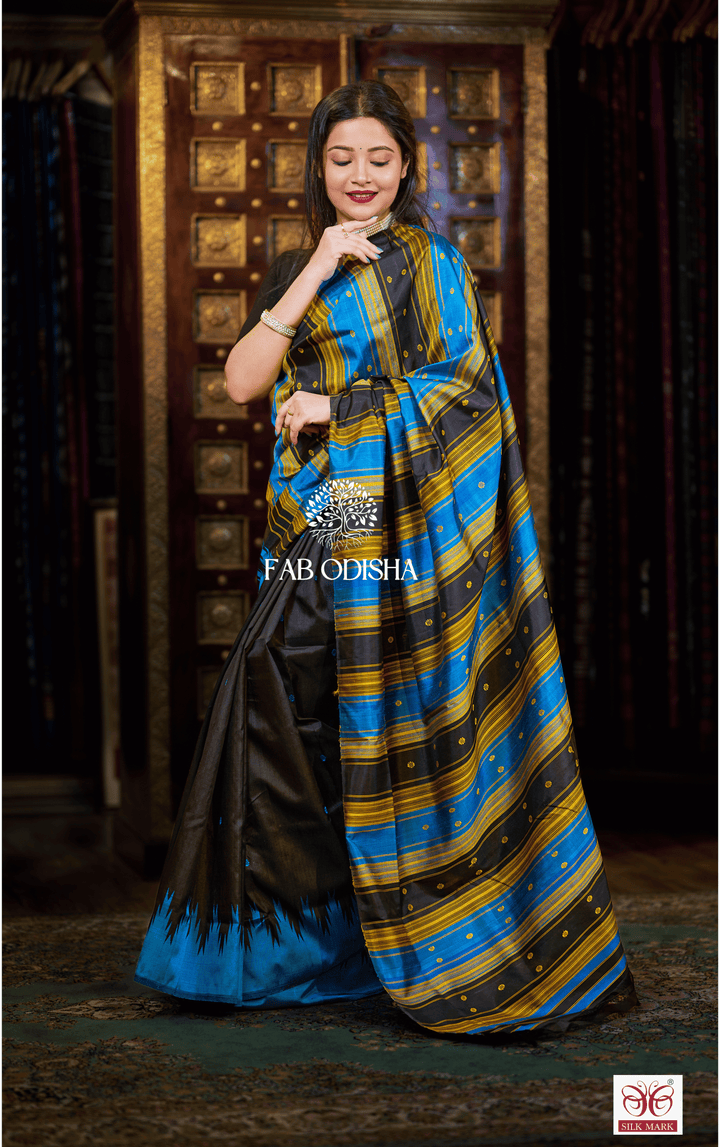 RAVEENA BLACK FASHIONISTA BERHAMPURI DOUBLE AANCHAL PURE SILK PATTA SAREE