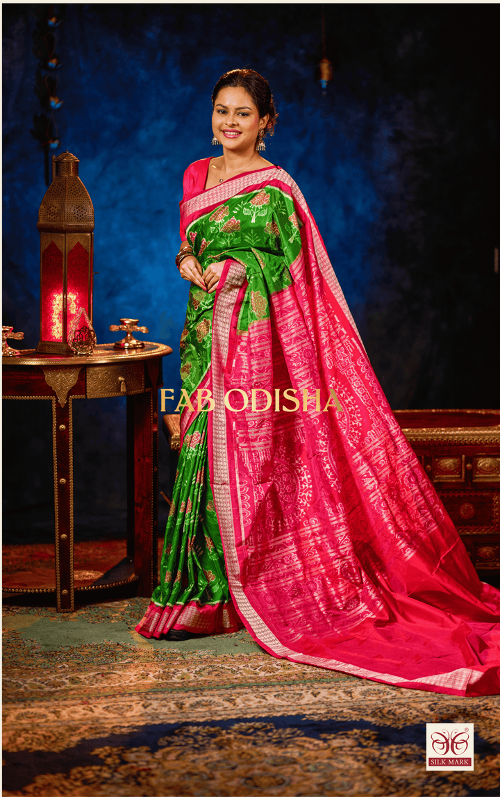 CELESTIAL DIVASTRI PINK EXCLUSIVE SAMBALPURI HANDLOOM PURE SILK SAREE WITH FULL IKAT BLOUSE PIECE