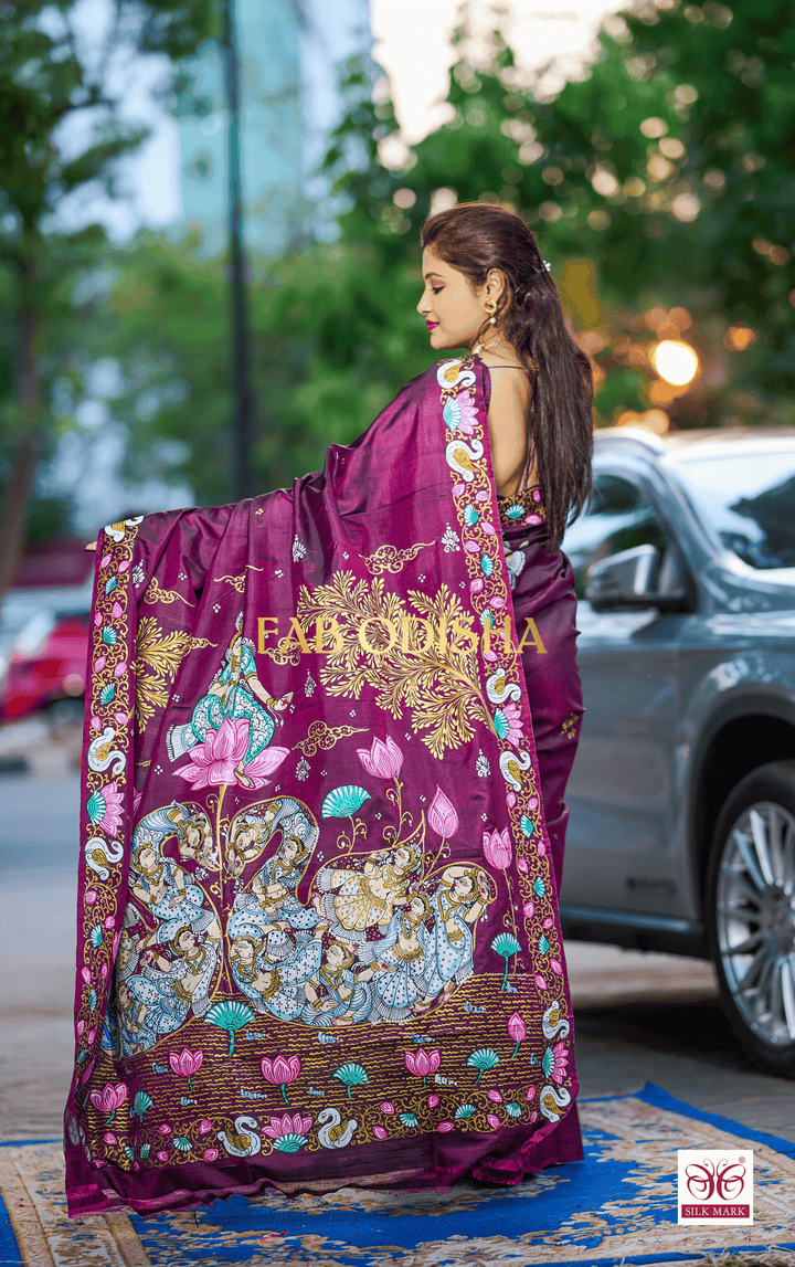 HANSA WINE-VIOLET COLOUR PATTACHITRA SILK HANDLOOM SAREE