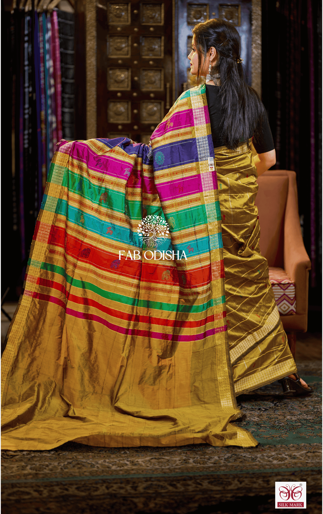 RANG DE MEHENDI CHECKERED BERHAMPURI DOUBLE AANCHAL PURE SILK PATTA SAREE