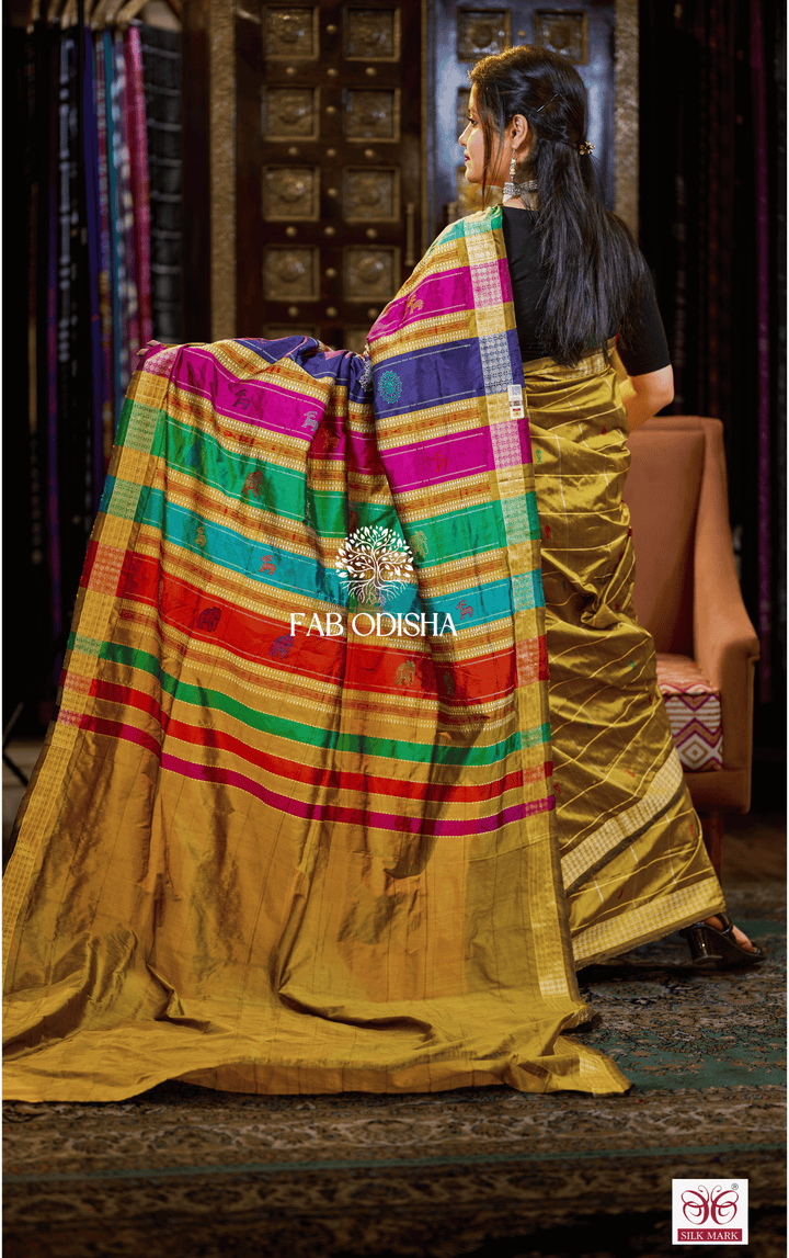 RANG DE MEHENDI CHECKERED BERHAMPURI DOUBLE AANCHAL PURE SILK PATTA SAREE