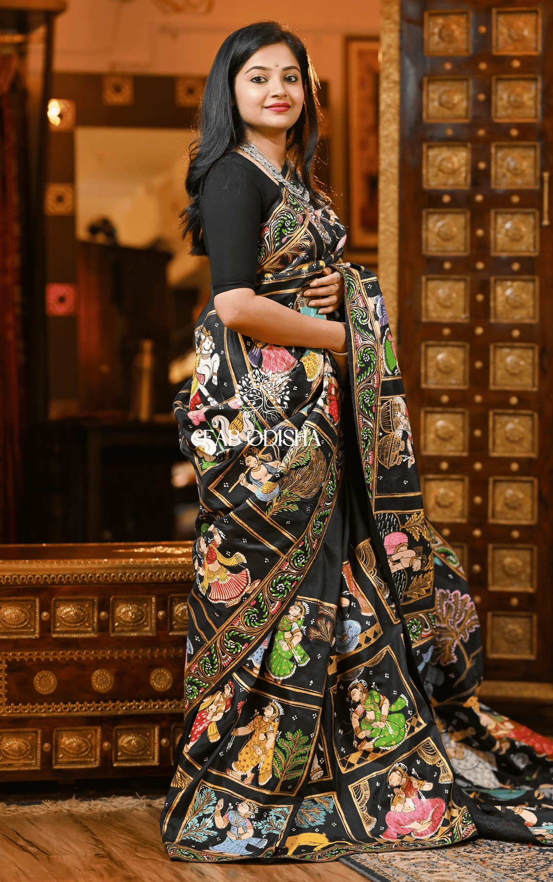 BLACK BOX VILLAGE THEMED PATTACHITRA SILK SAREE