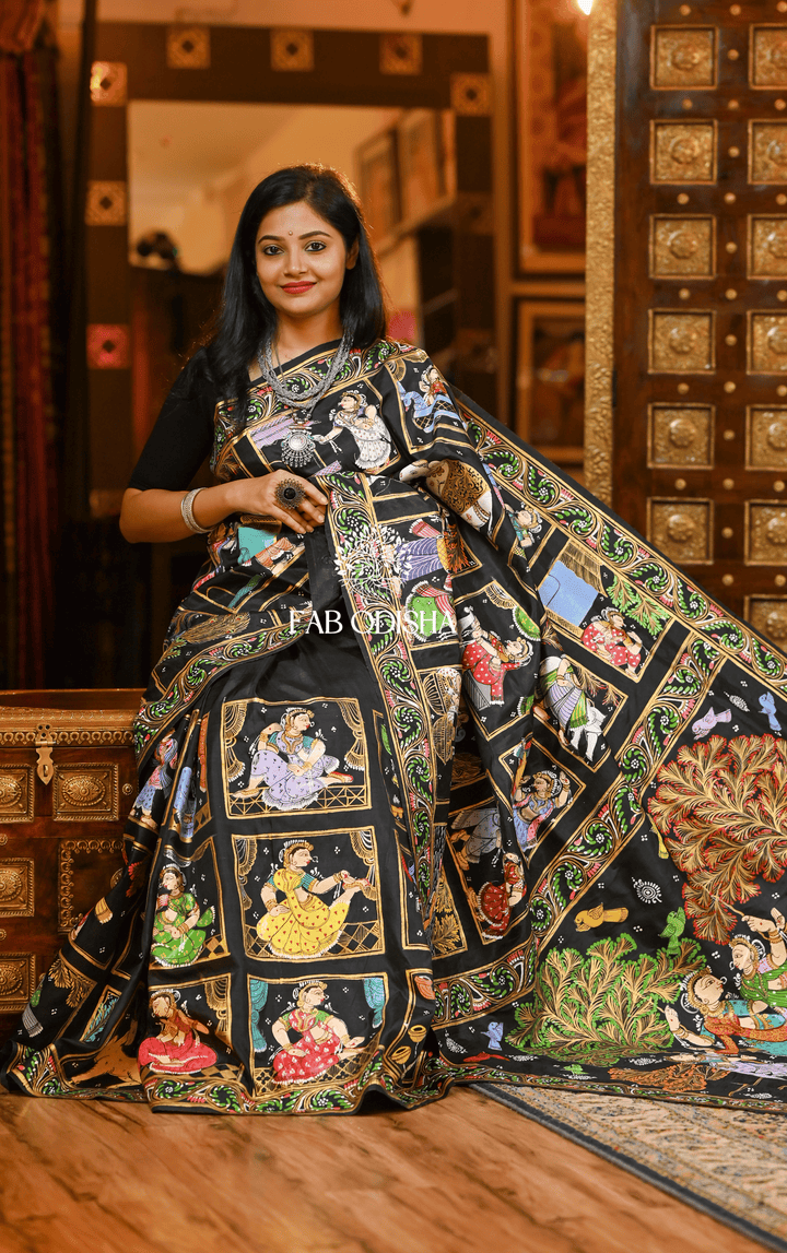 BLACK BOX VILLAGE THEMED PATTACHITRA SILK SAREE
