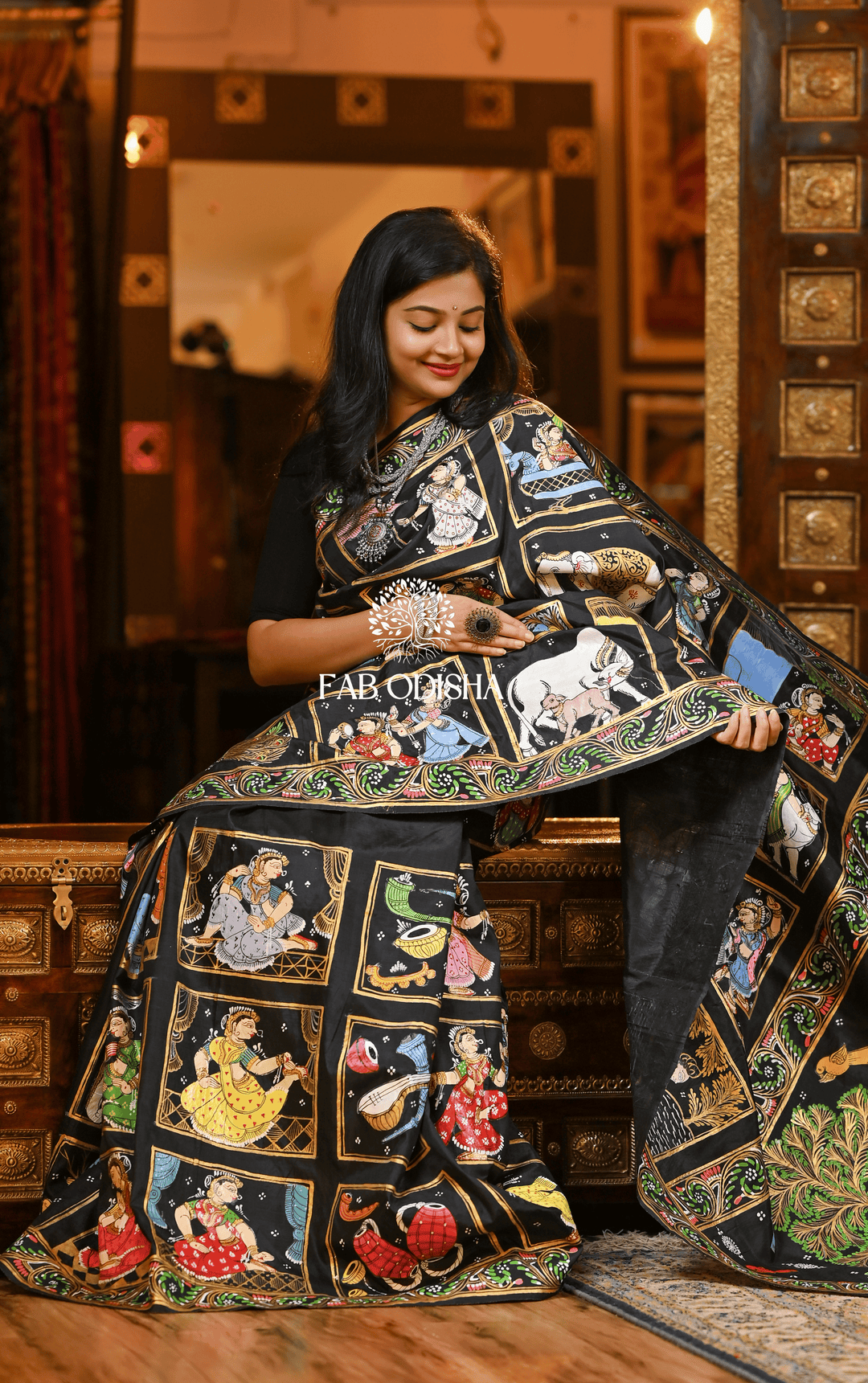 BLACK BOX VILLAGE THEMED PATTACHITRA SILK SAREE
