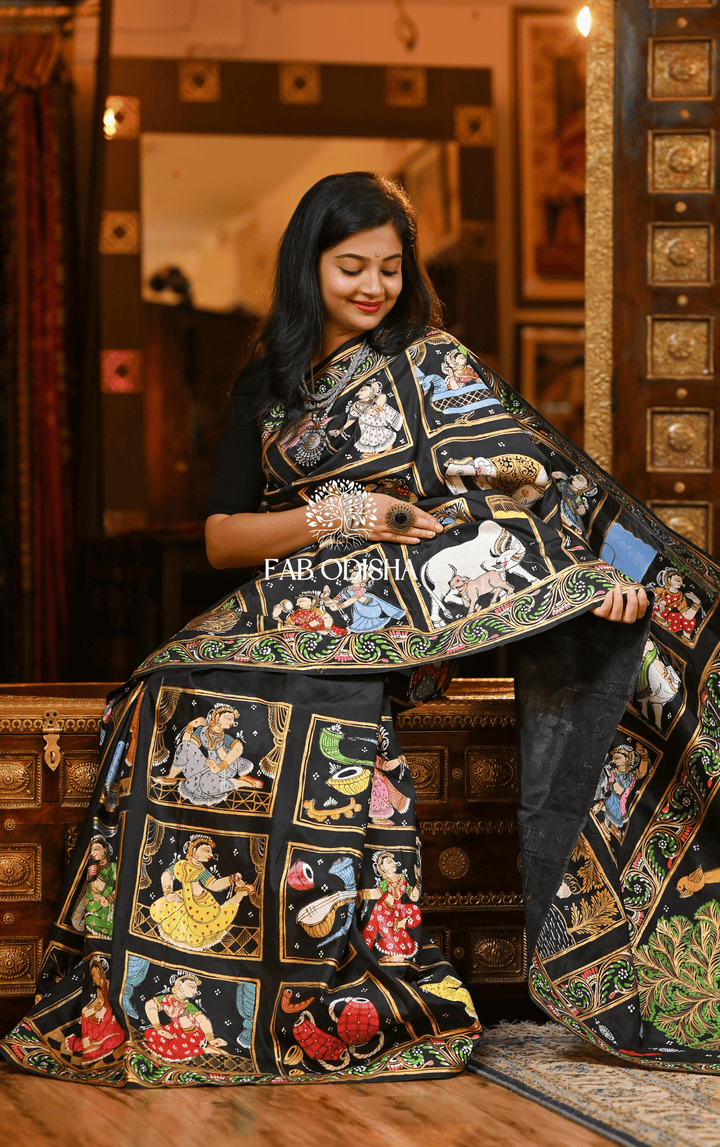 BLACK BOX VILLAGE THEMED PATTACHITRA SILK SAREE