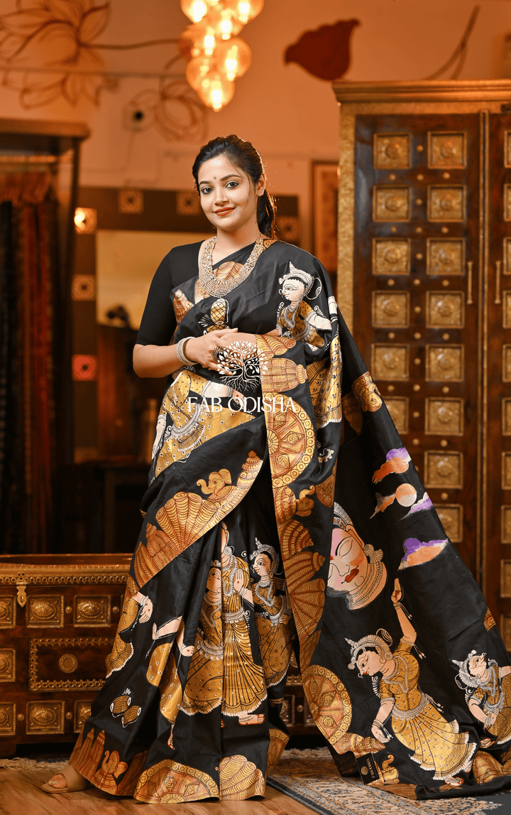 BLACK SHREE MANDIR ODISHI PATTACHITRA SILK SAREE