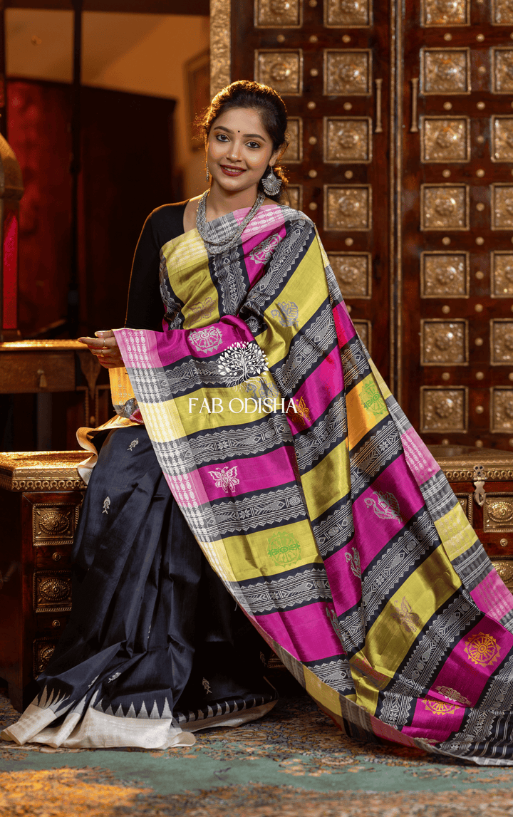 RAAT KALI THE WEAVE OF TIME BERHAMPURI DOUBLE AANCHAL PURE SILK PATTA SAREE