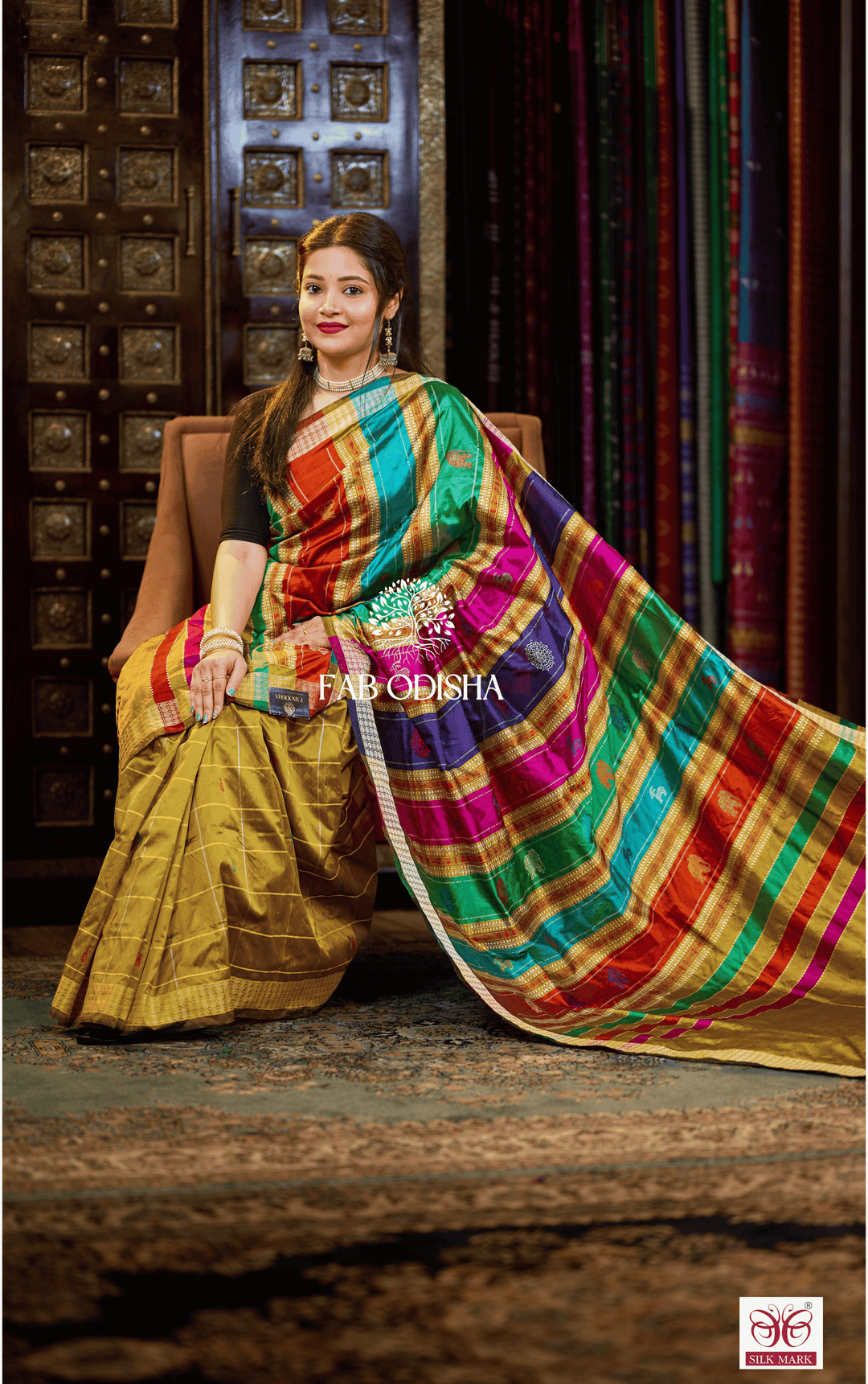 RANG DE MEHENDI CHECKERED BERHAMPURI DOUBLE AANCHAL PURE SILK PATTA SAREE