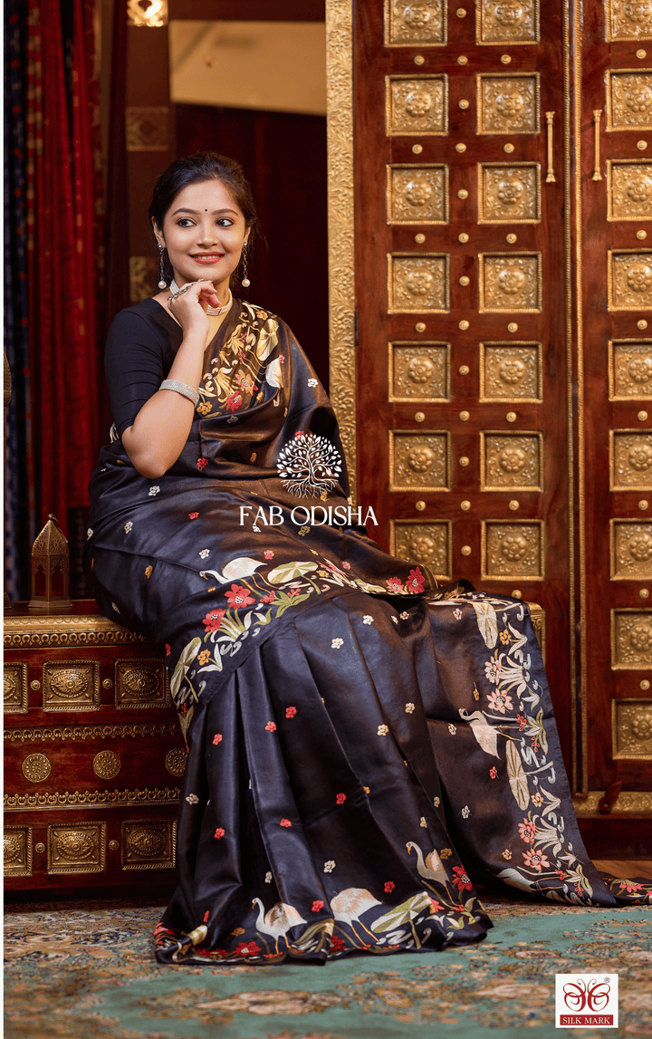 RAVISHING BLACK DESIGNER FINE TUSSAR SILK SAREE
