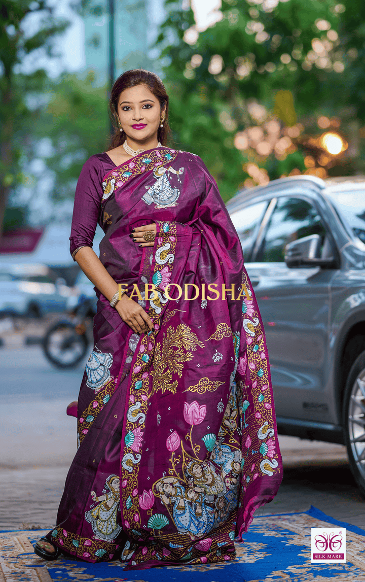 HANSA WINE-VIOLET COLOUR PATTACHITRA SILK HANDLOOM SAREE