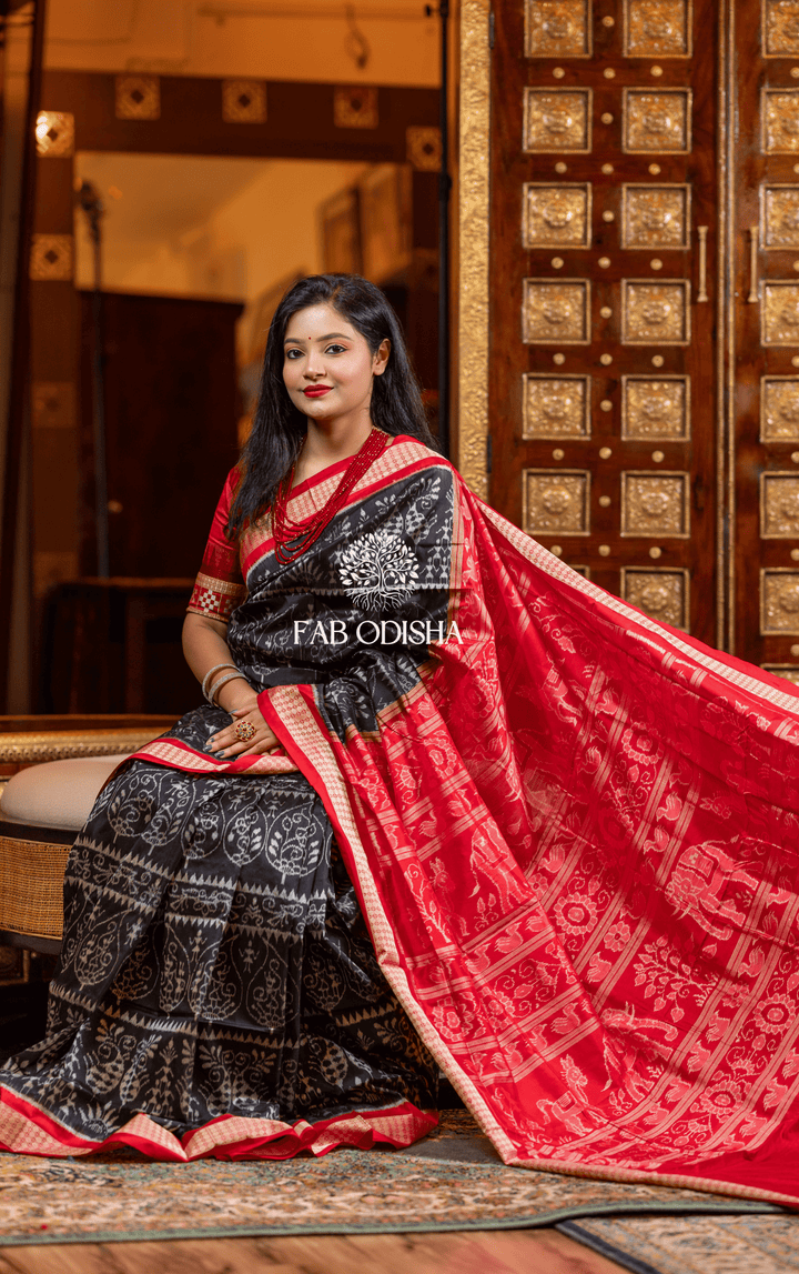 ARANYA RANI EXCLUSIVE BLACK PEEPAL MOTIF SAMBALPURI HANDLOOM PURE SILK SAREE