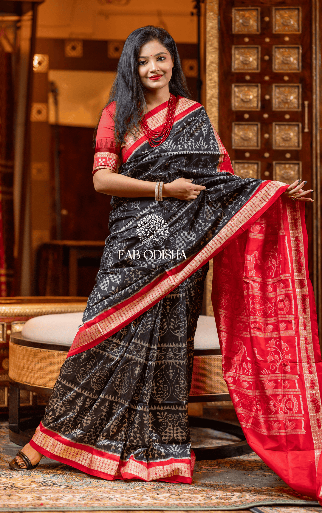 ARANYA RANI EXCLUSIVE BLACK PEEPAL MOTIF SAMBALPURI HANDLOOM PURE SILK SAREE