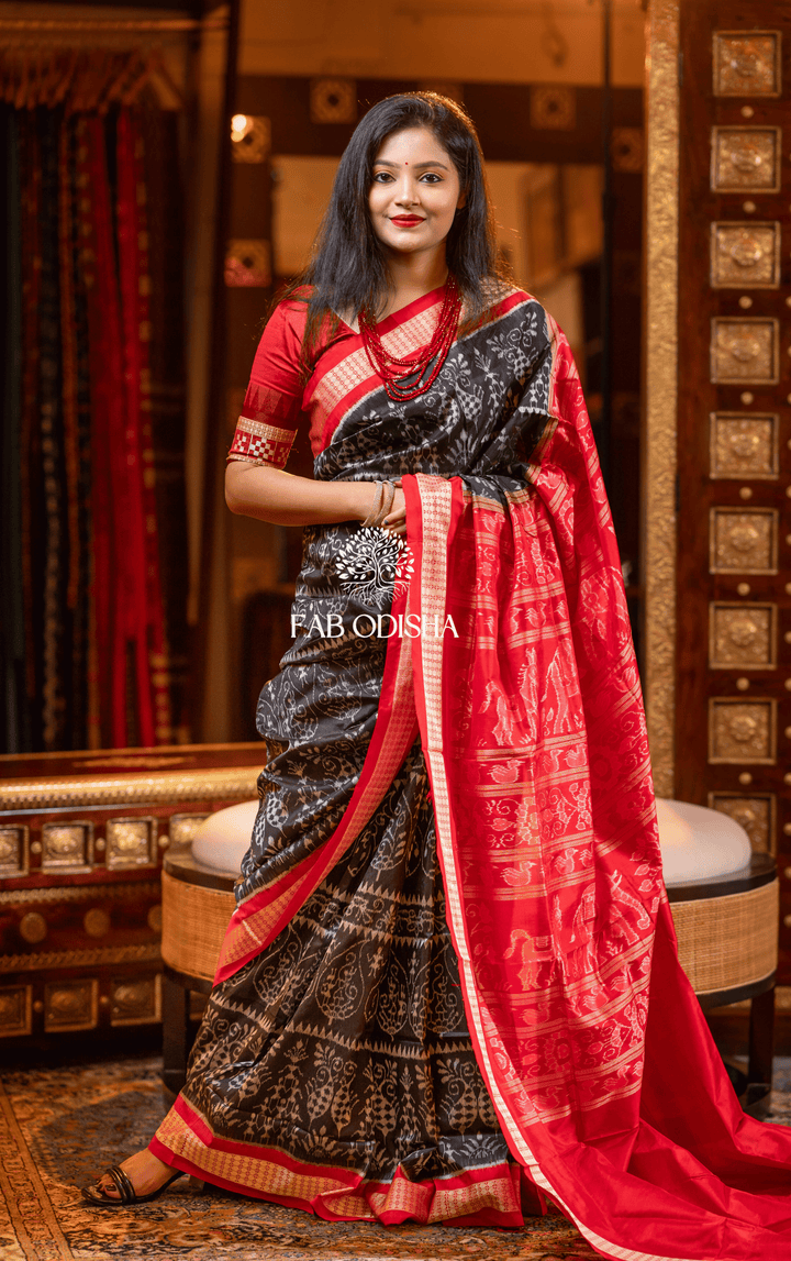 ARANYA RANI EXCLUSIVE BLACK PEEPAL MOTIF SAMBALPURI HANDLOOM PURE SILK SAREE