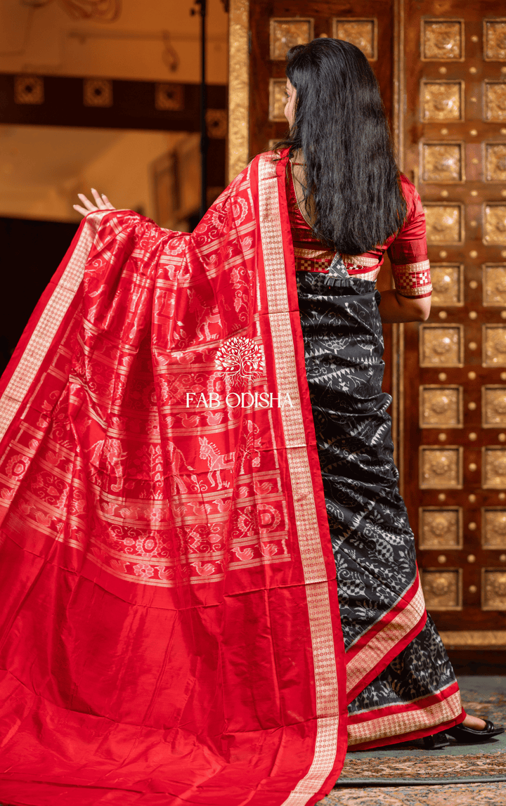 ARANYA RANI EXCLUSIVE BLACK PEEPAL MOTIF SAMBALPURI HANDLOOM PURE SILK SAREE