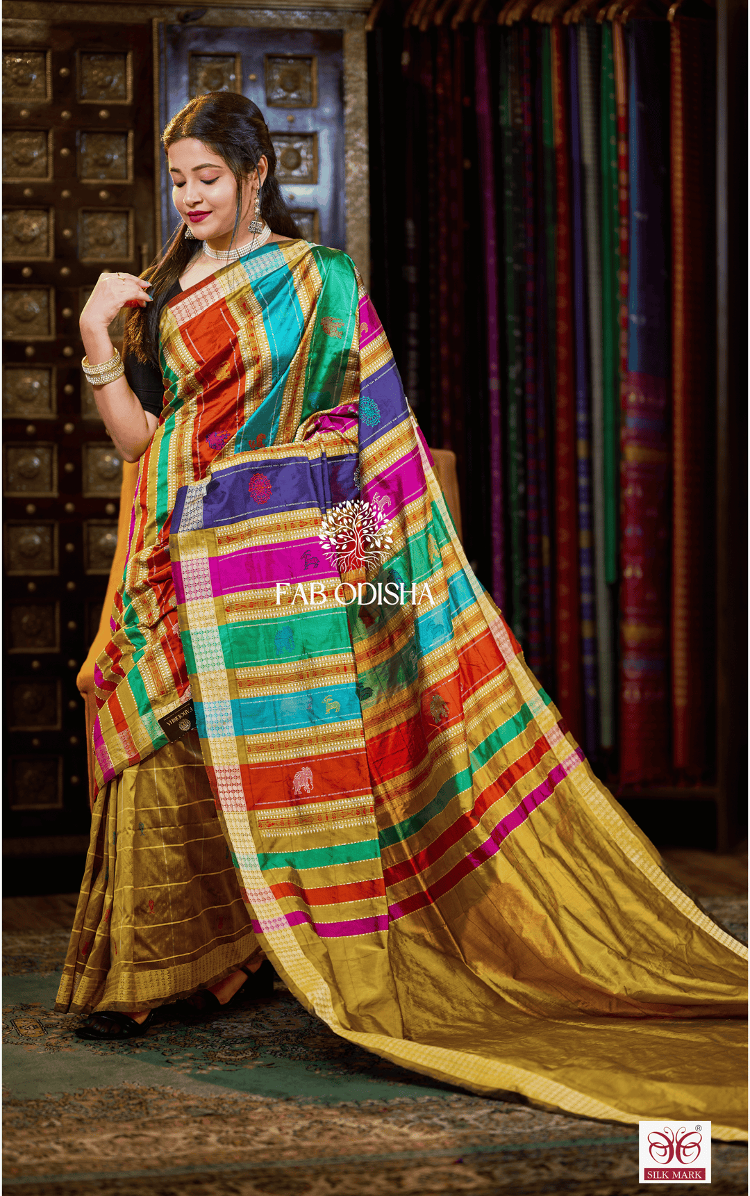 RANG DE MEHENDI CHECKERED BERHAMPURI DOUBLE AANCHAL PURE SILK PATTA SAREE