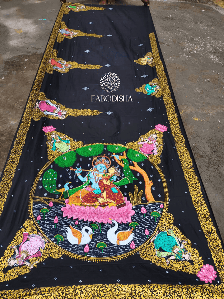 "KRISHNA PLAYING FLUTE FOR RADHA ON LOTUS" PURE SILK PATTACHITRA SAREE