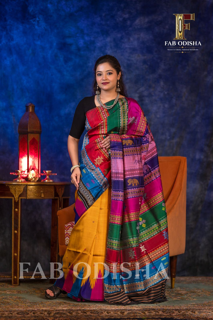 SWARNA REKHA TREASURE BERHAMPURI HANDLOOM DOUBLE AANCHAL PURE SILK PATTA SAREE
