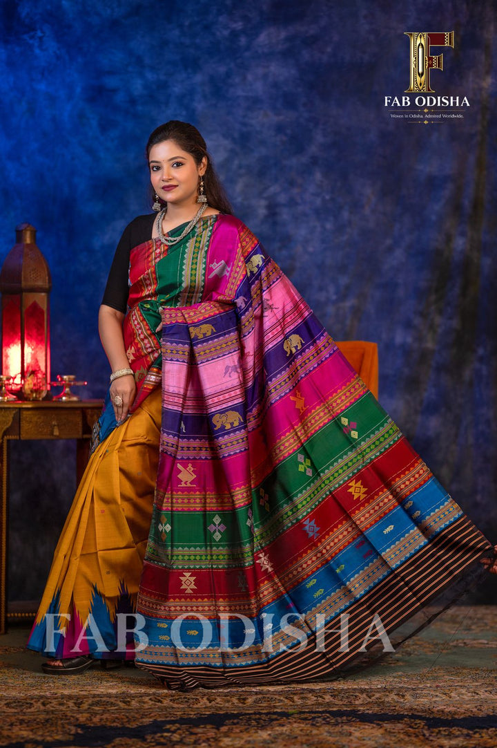 SWARNA REKHA TREASURE BERHAMPURI HANDLOOM DOUBLE AANCHAL PURE SILK PATTA SAREE