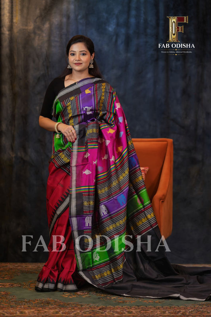 SHAMBHAVI DIVINE DRAPES BERHAMPURI DOUBLE AANCHAL PURE SILK PATTA SAREE