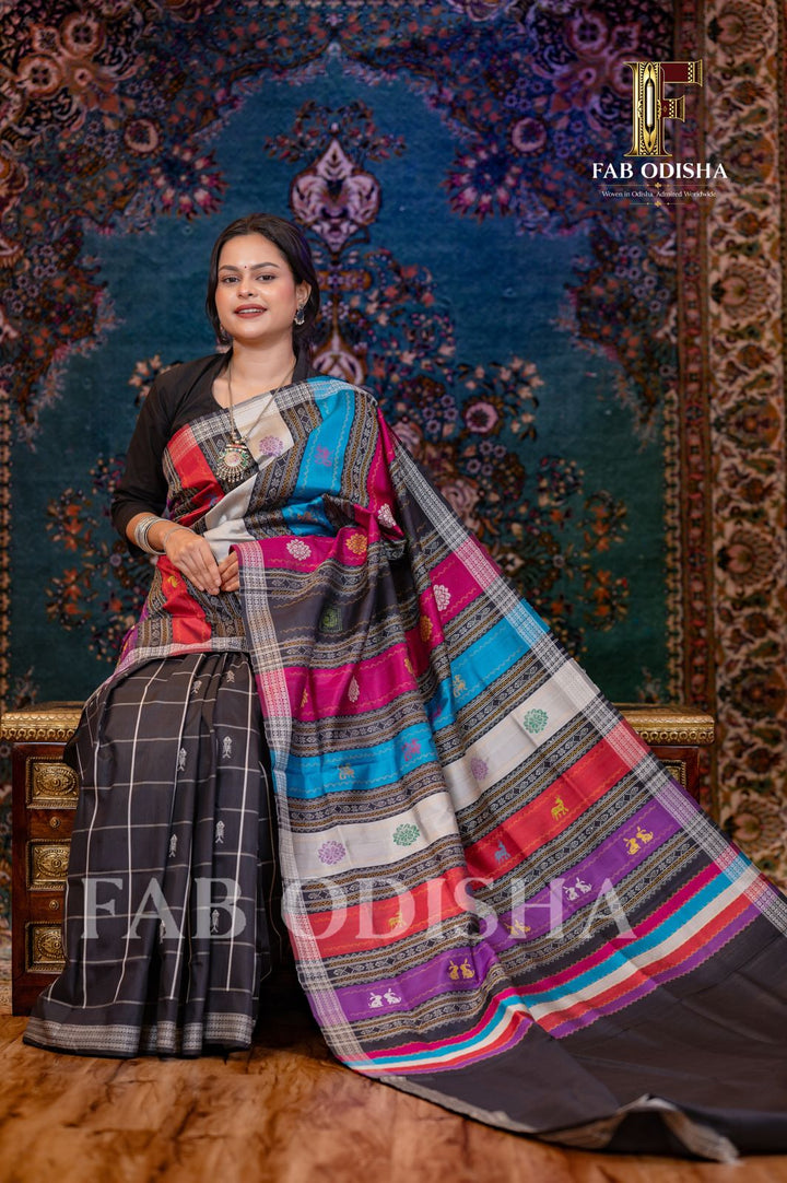 GAJALAKSHMI ABHISHEKHA EXCLUSIVE (MATSYA &amp; ELEPHANT MOTIF) BERHAMPURI HANDLOOM DOUBLE AANCHAL PURE SILK PATTA SAREE