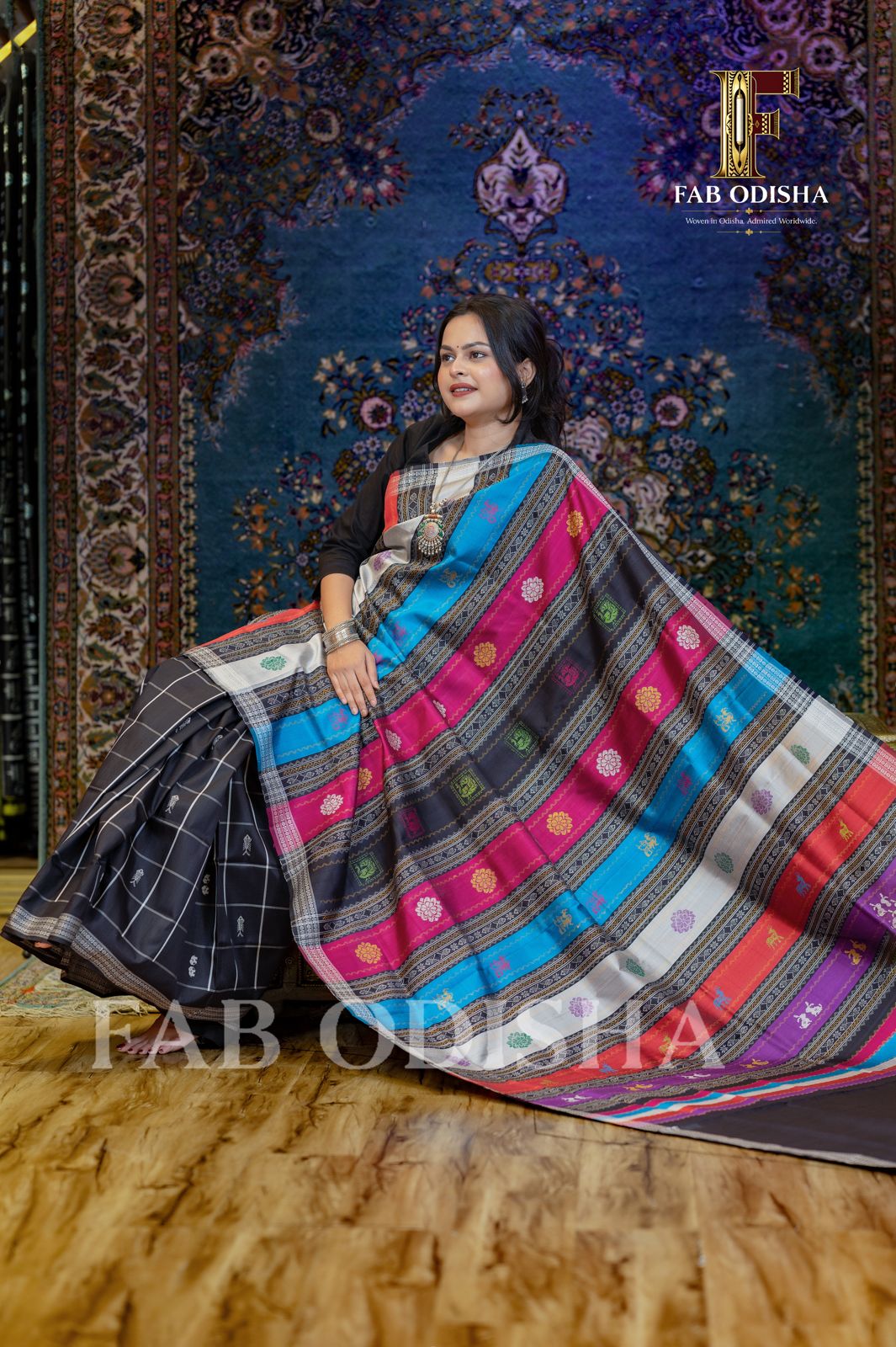 GAJALAKSHMI ABHISHEKHA EXCLUSIVE (MATSYA &amp; ELEPHANT MOTIF) BERHAMPURI HANDLOOM DOUBLE AANCHAL PURE SILK PATTA SAREE