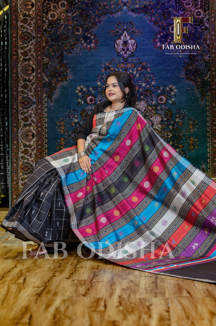GAJALAKSHMI ABHISHEKHA EXCLUSIVE (MATSYA &amp; ELEPHANT MOTIF) BERHAMPURI HANDLOOM DOUBLE AANCHAL PURE SILK PATTA SAREE