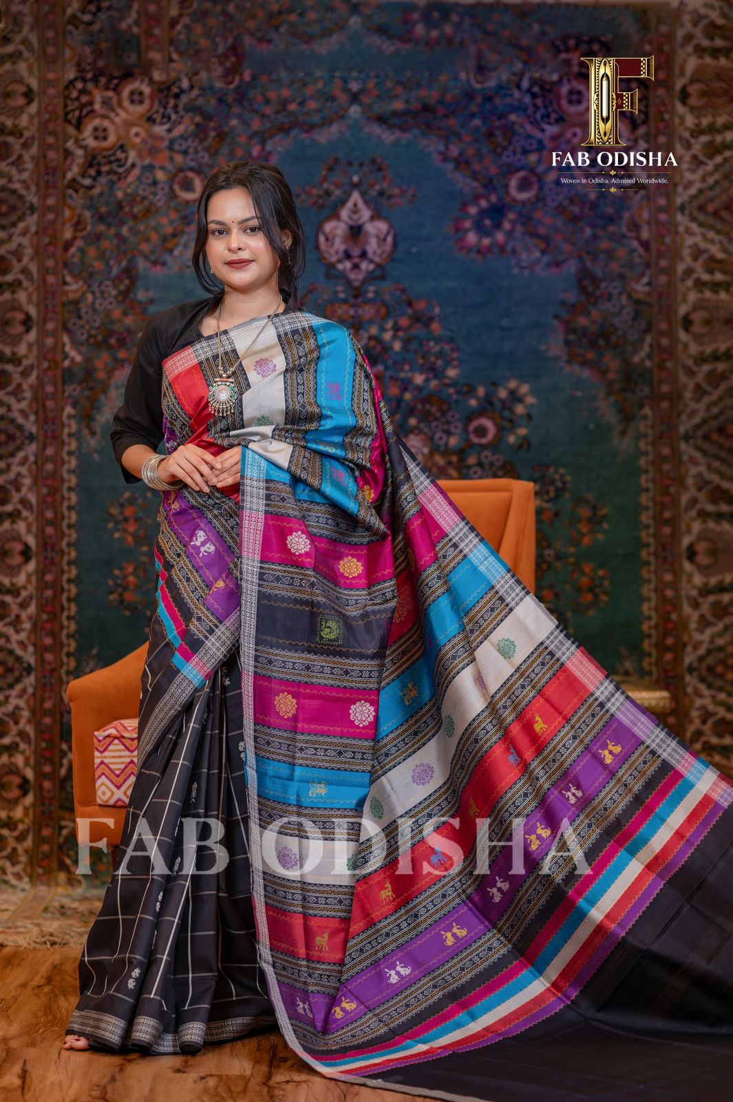 GAJALAKSHMI ABHISHEKHA EXCLUSIVE (MATSYA &amp; ELEPHANT MOTIF) BERHAMPURI HANDLOOM DOUBLE AANCHAL PURE SILK PATTA SAREE
