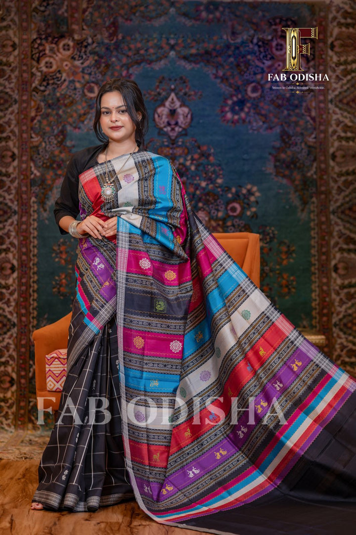 GAJALAKSHMI ABHISHEKHA EXCLUSIVE (MATSYA &amp; ELEPHANT MOTIF) BERHAMPURI HANDLOOM DOUBLE AANCHAL PURE SILK PATTA SAREE