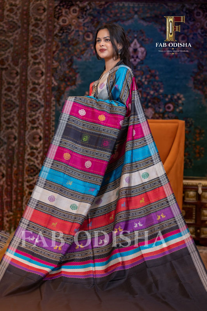 GAJALAKSHMI ABHISHEKHA EXCLUSIVE (MATSYA &amp; ELEPHANT MOTIF) BERHAMPURI HANDLOOM DOUBLE AANCHAL PURE SILK PATTA SAREE