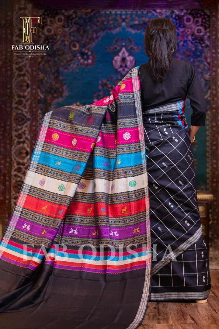 GAJALAKSHMI ABHISHEKHA EXCLUSIVE (MATSYA &amp; ELEPHANT MOTIF) BERHAMPURI HANDLOOM DOUBLE AANCHAL PURE SILK PATTA SAREE