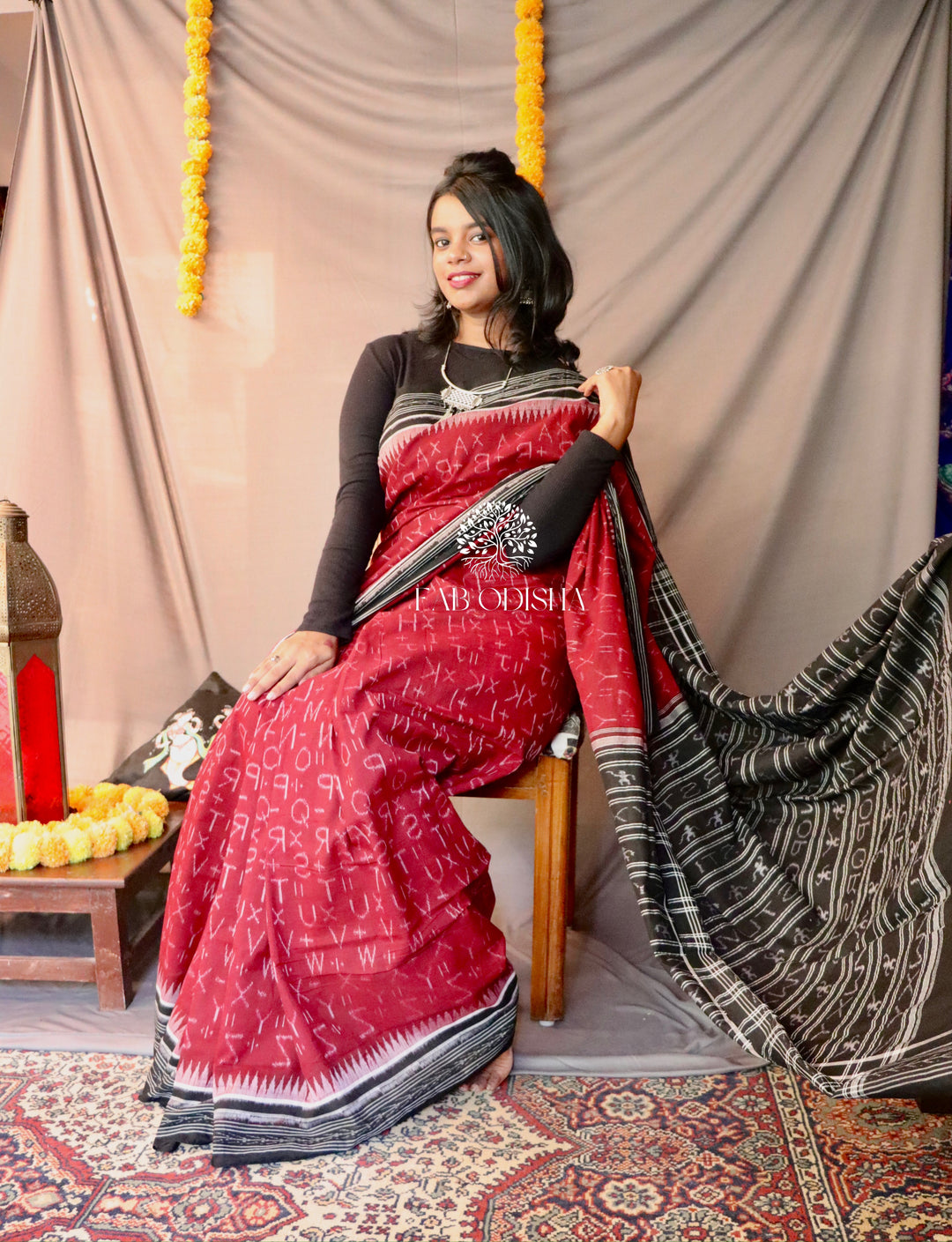 SAMBALPURI MAROON ALPHABET COTTON SAREE