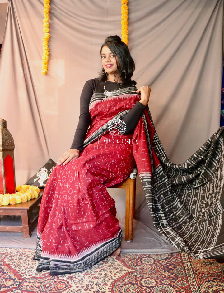 SAMBALPURI MAROON ALPHABET COTTON SAREE