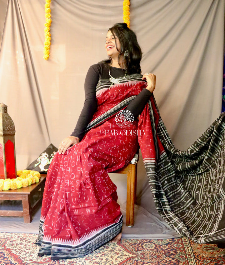 SAMBALPURI MAROON ALPHABET COTTON SAREE
