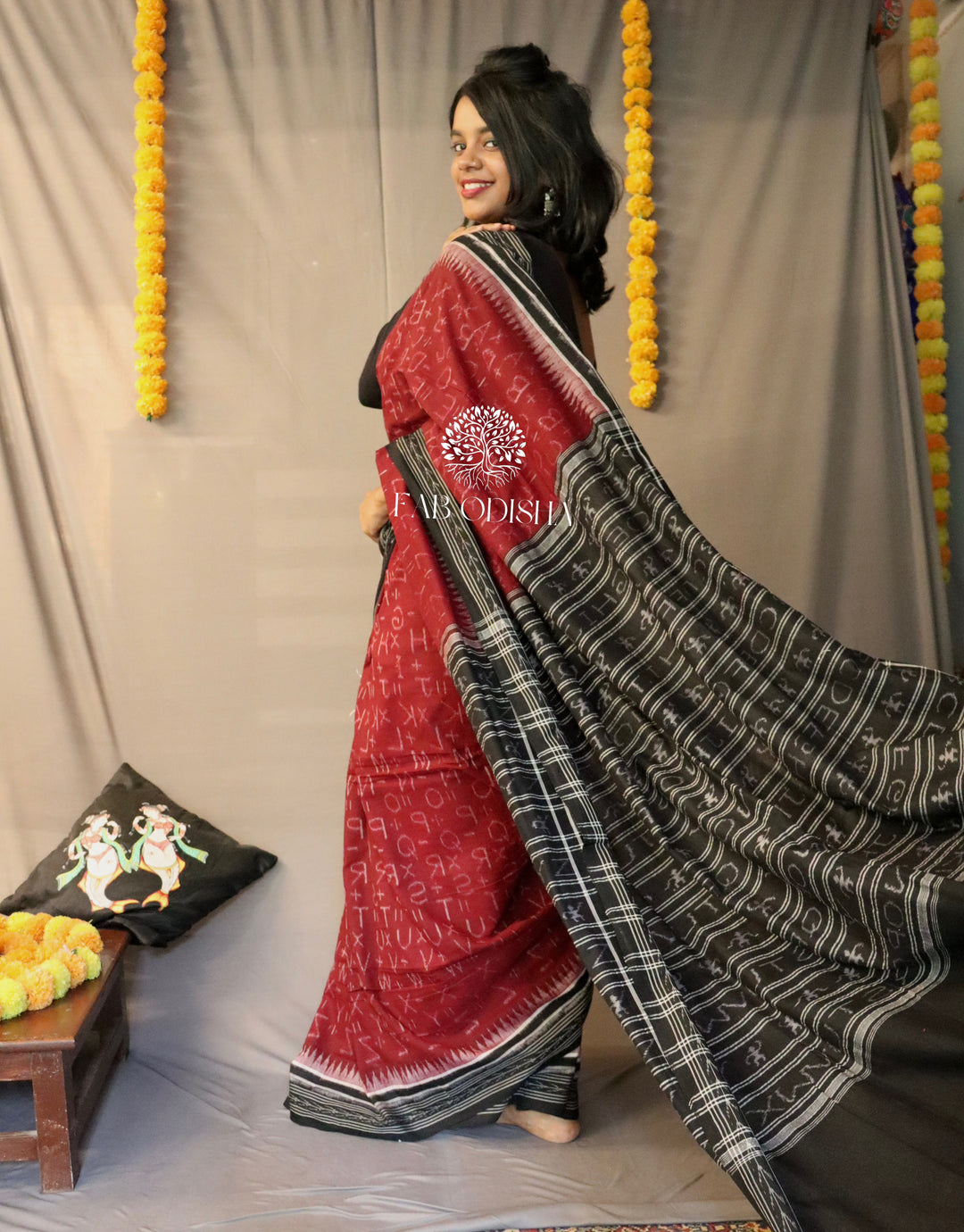 SAMBALPURI MAROON ALPHABET COTTON SAREE
