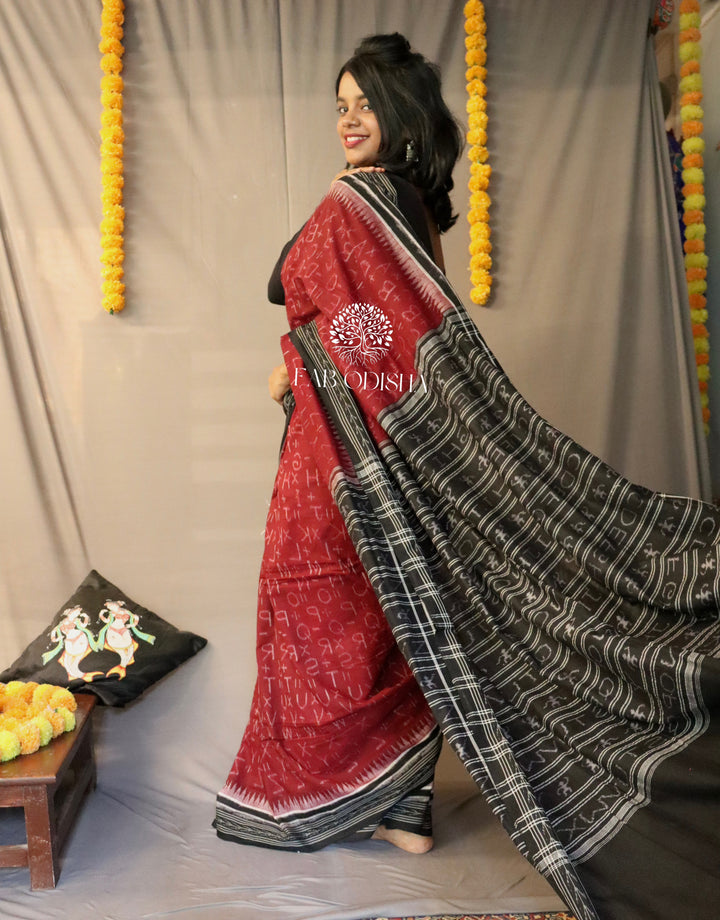 SAMBALPURI MAROON ALPHABET COTTON SAREE