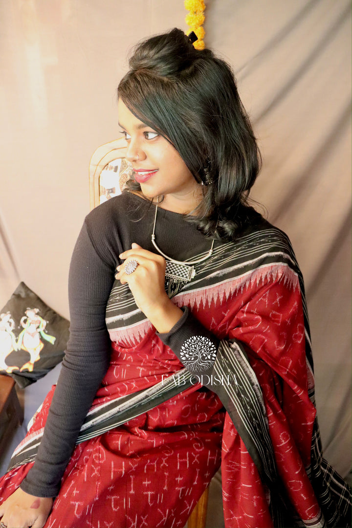 SAMBALPURI MAROON ALPHABET COTTON SAREE