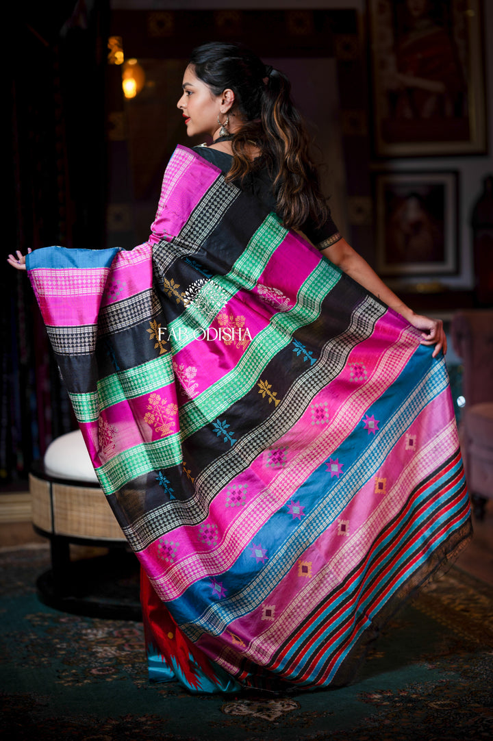GULMOHAR GULAB MULBERRY SILK BERHAMPURI PATTA DOUBLE PALLU SAREE