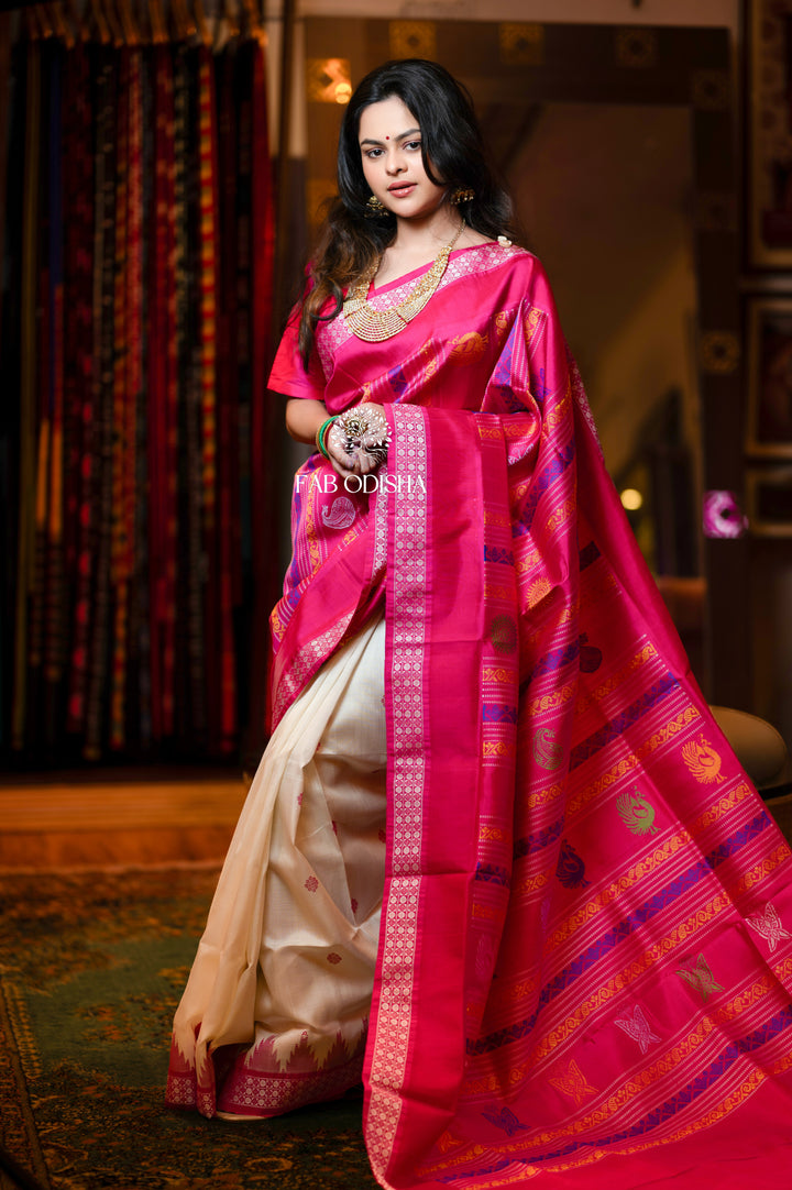 PADMINI- OFF WHITE RUDRAKSH BORDER COLOURFUL MOTIF BERHAMPURI DOUBLE ANCHAL PATTA SILK SAREE