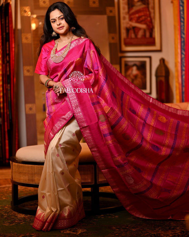 PADMINI- OFF WHITE RUDRAKSH BORDER COLOURFUL MOTIF BERHAMPURI DOUBLE ANCHAL PATTA SILK SAREE