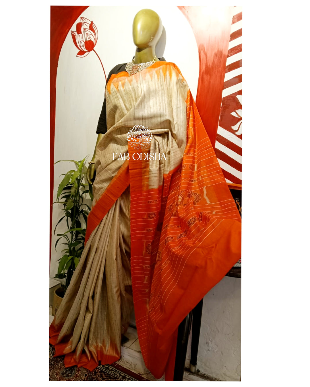 BEIGE-ORANGE GHICHA TUSSAR SILK SAREE