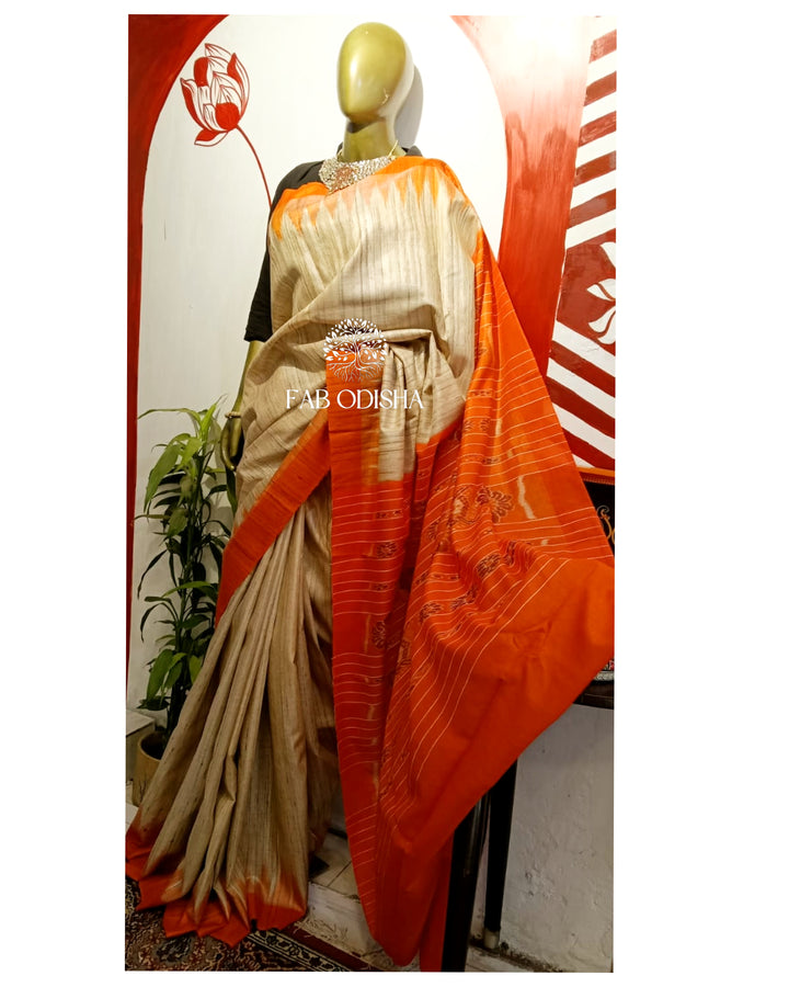 BEIGE-ORANGE GHICHA TUSSAR SILK SAREE