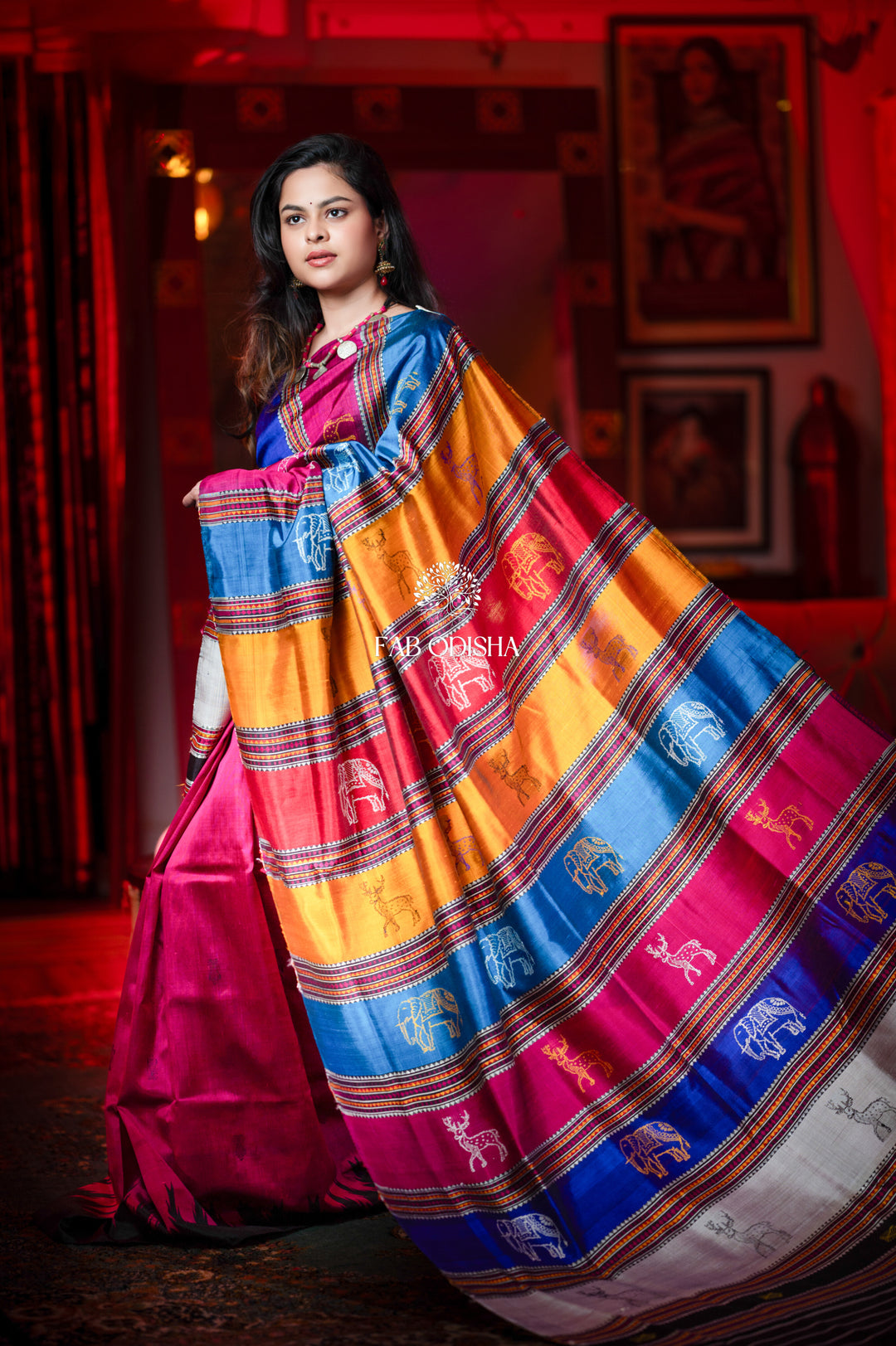 PINK LUXURIOUS MATSYA BODY ANIMAL MOTIF DOUBLE AANCHAL FINE MULBERRY SILK BERHAMPURI PATTA