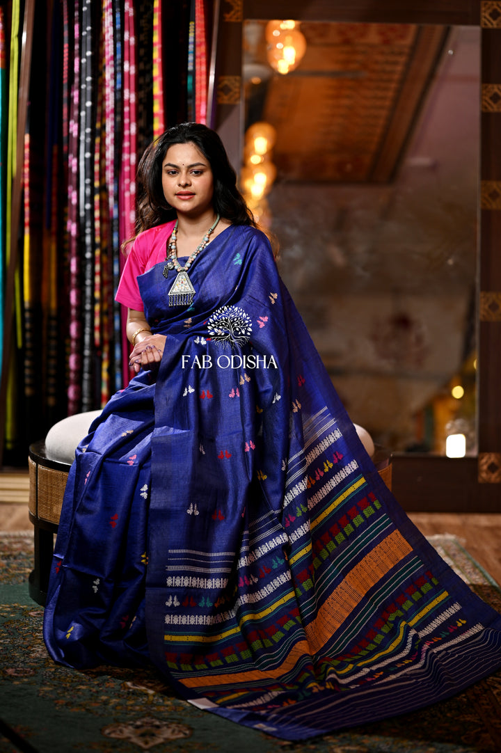 "TITLI UPVAN" NAVY BLUE FINE TUSSAR JALLA SAREE