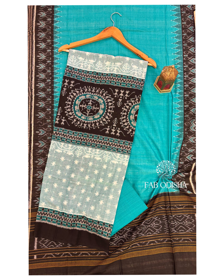 TRIBAL GREEN BLACK SAMBALPURI DOUBLE IKAT HANDWOVEN COTTON DRESS MATERIAL SET