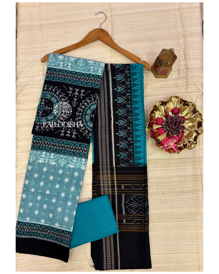 TRIBAL GREEN BLACK SAMBALPURI DOUBLE IKAT HANDWOVEN COTTON DRESS MATERIAL SET
