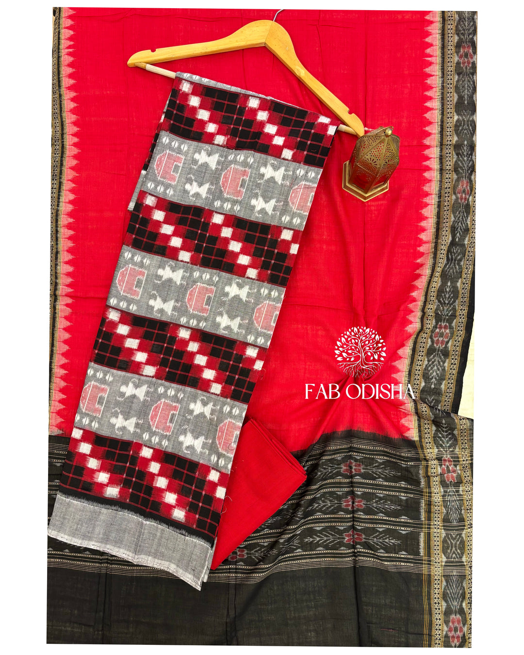 GREY-BLACK PURE SAMBALPURI DOUBLE IKAT COTTON DRESS MATERIAL SET – Fabodisha