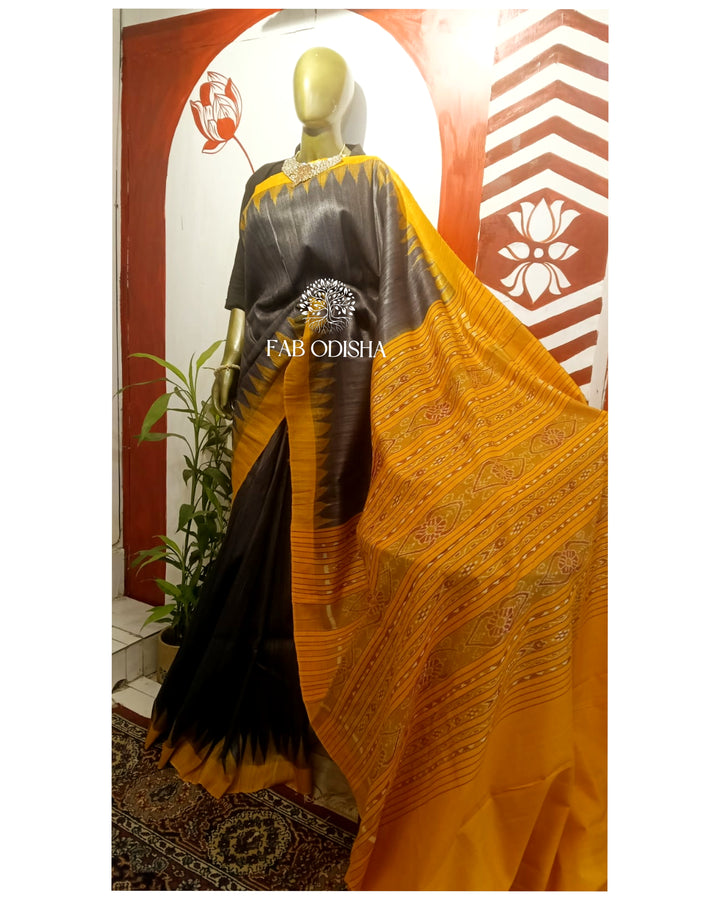 RAVEN BLACK -ORANGE GICHA TUSSAR SILK SAREE