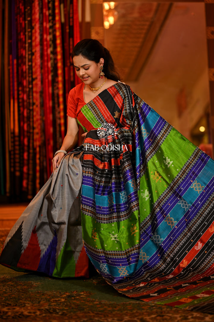 ENCHANTING SILVER STREAKED PRECIOUS MOTIF DOUBLE ANCHAL , RUDRAKH BORDER BERHAMPURI PATTA SAREE